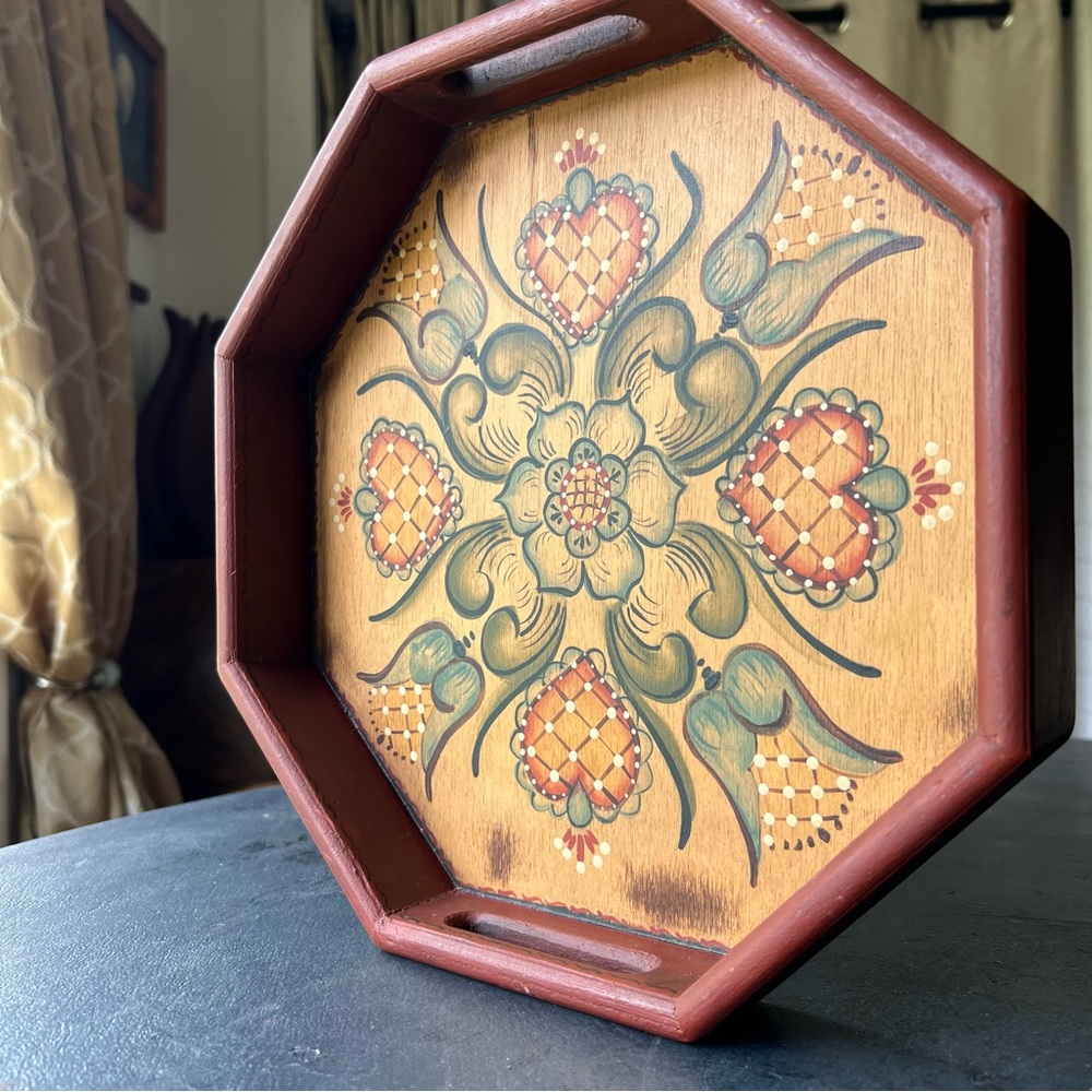 Octagon Handpainted Wooden Tray 1980s 1990s Craft Show Hand Painted Floral